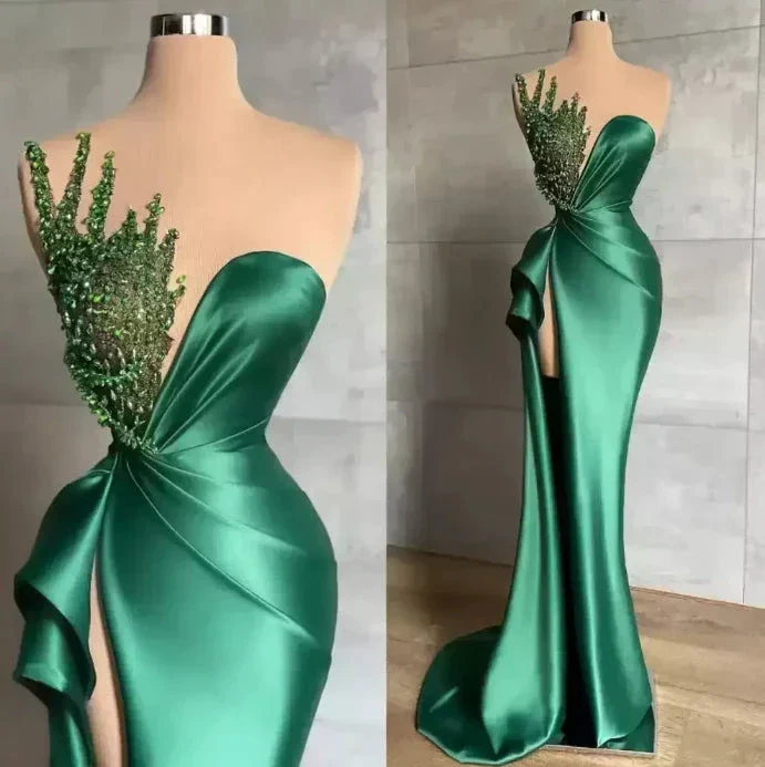 Sweetheart Green Long Mermaid Shiny Sleeveless Prom Dress With Beads - Image 2