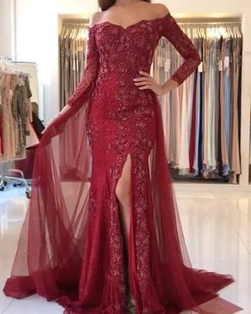 Sweetheart Lace-Appliques Front-Split Newest Long-Sleeve Mermaid Prom Dress - Image 2