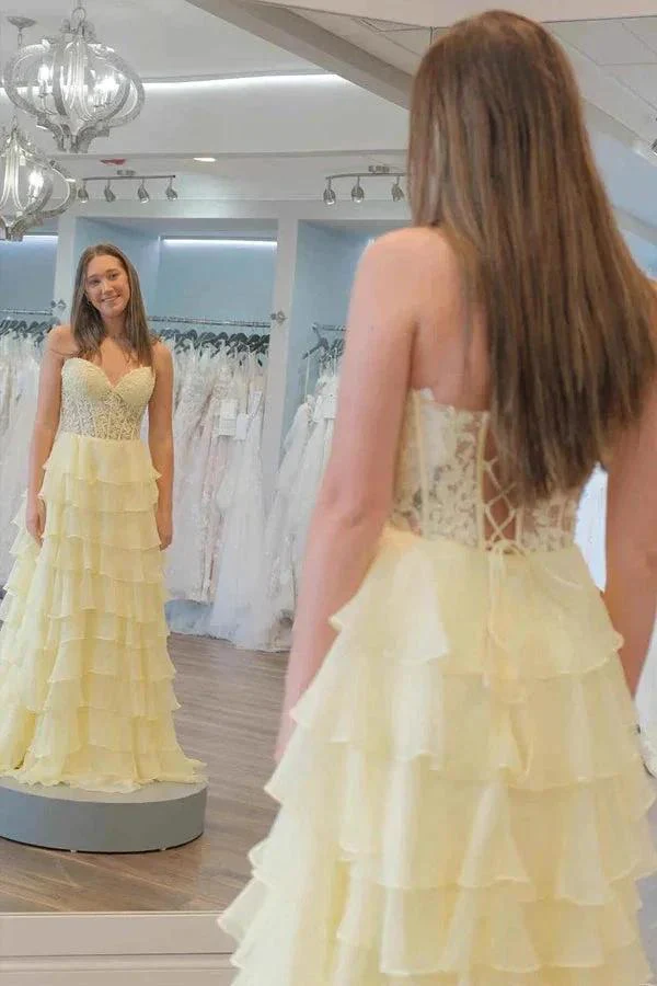 Sweetheart Lace Chiffon Corset Long Prom Dresses Ruffle PSK526 - Image 2