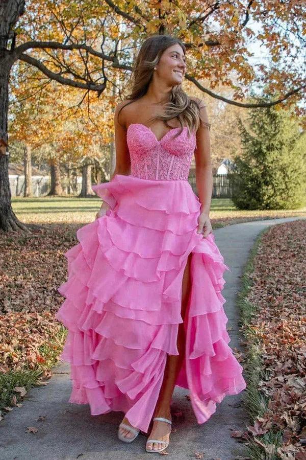 Sweetheart Lace Chiffon Corset Long Prom Dresses Ruffle PSK526 - Image 3