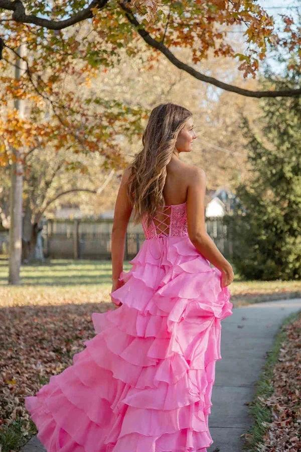 Sweetheart Lace Chiffon Corset Long Prom Dresses Ruffle PSK526 - Image 4