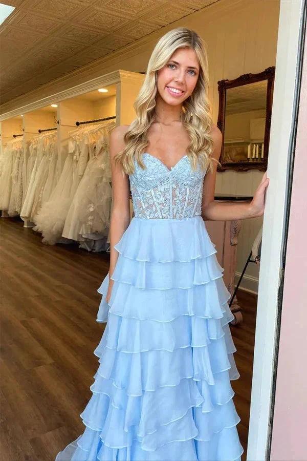 Sweetheart Lace Chiffon Corset Long Prom Dresses Ruffle PSK526 - Image 5