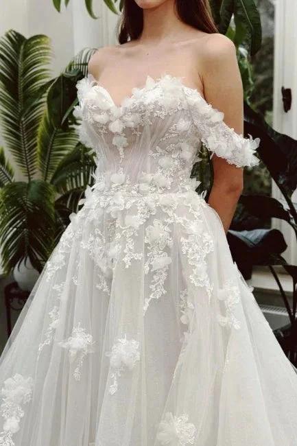 Sweetheart Long Ivory A-line Off-the-shoulder Lace Sleeveless Wedding Dress - Image 2