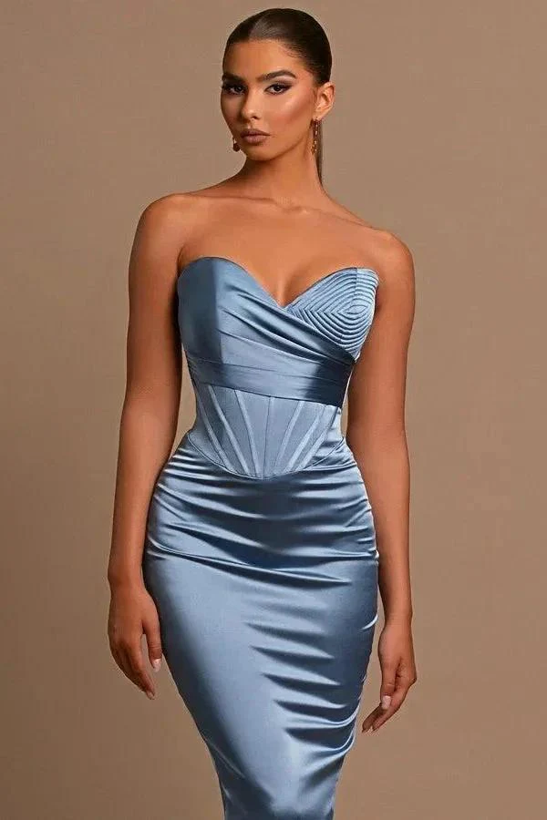 Sweetheart Long Mermaid Dusty Blue Satin Prom Dress - Image 2