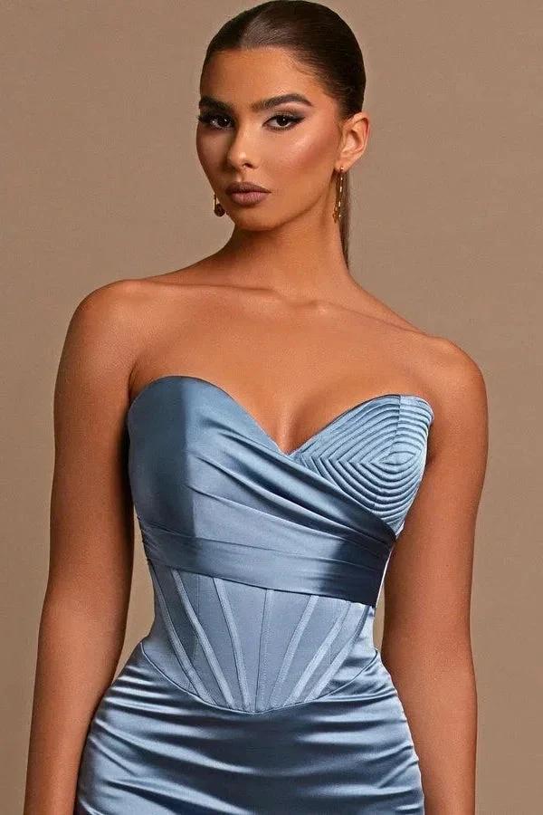 Sweetheart Long Mermaid Dusty Blue Satin Prom Dress - Image 5