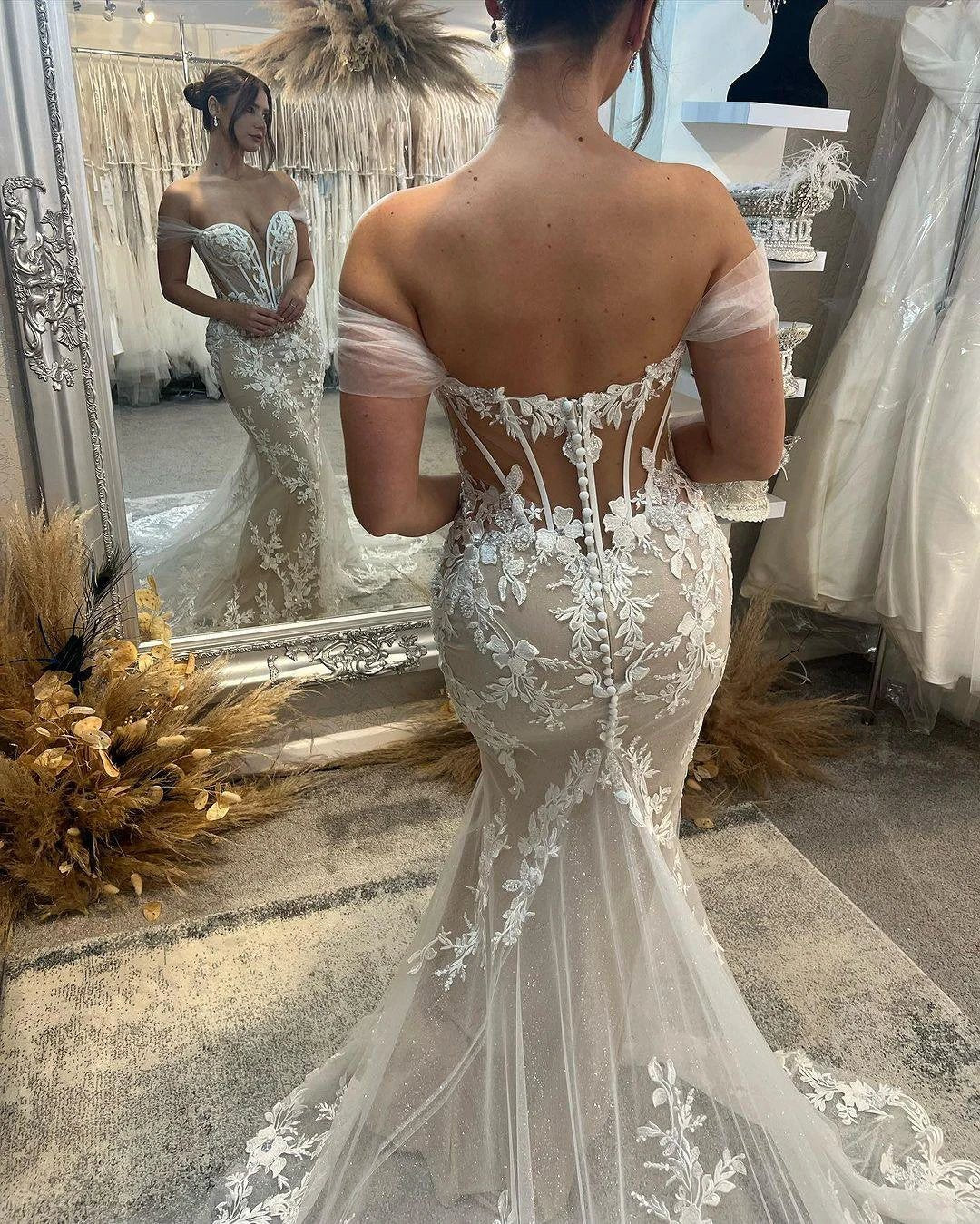 Sweetheart Long Mermaid Off-the-shoulder Glitter Appliques Wedding Dress - Image 2