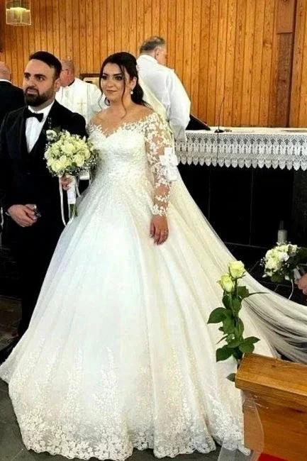 Sweetheart Long-Sleeve A-Line Tulle Wedding Dresses with Lace - Image 3