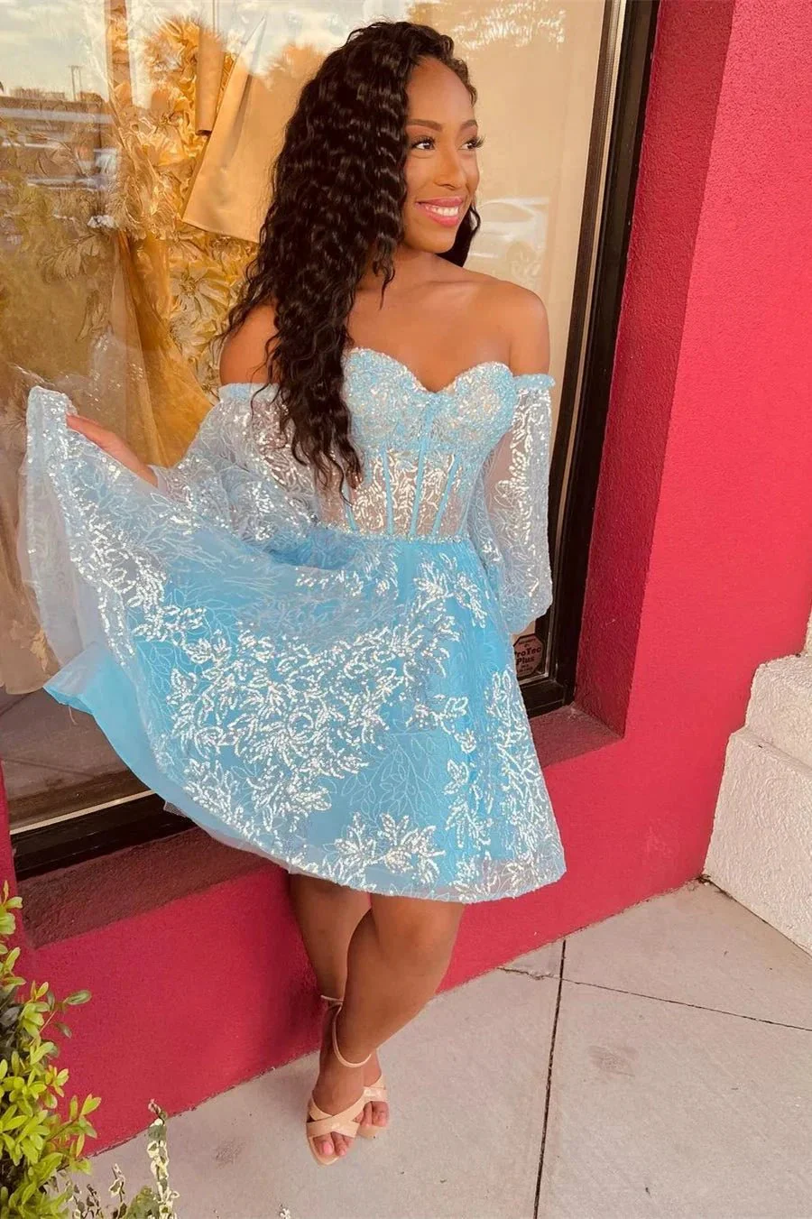 Sweetheart Long Sleeve Sequined Homecoming Dress With Lace - Image 2