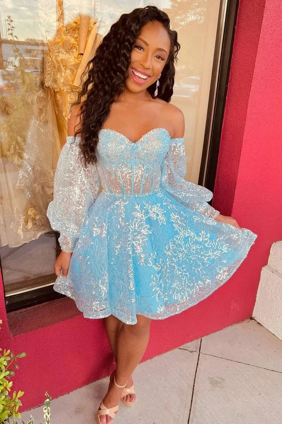 Sweetheart Long Sleeve Sequined Homecoming Dress With Lace - Image 3
