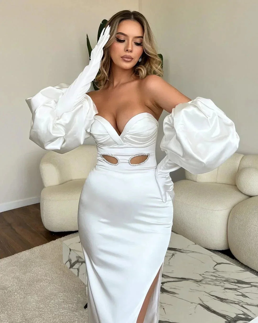 Sweetheart Long White Mermaid Split Front Sexy Prom Dress With Sleeves - Image 2