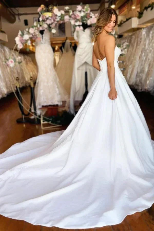 Sweetheart Long White Strapless A-line Satin Wedding Dress with Pockets - Image 2