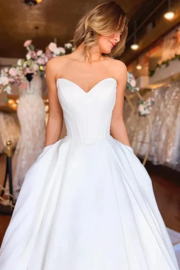 Sweetheart Long White Strapless A-line Satin Wedding Dress with Pockets - Image 3