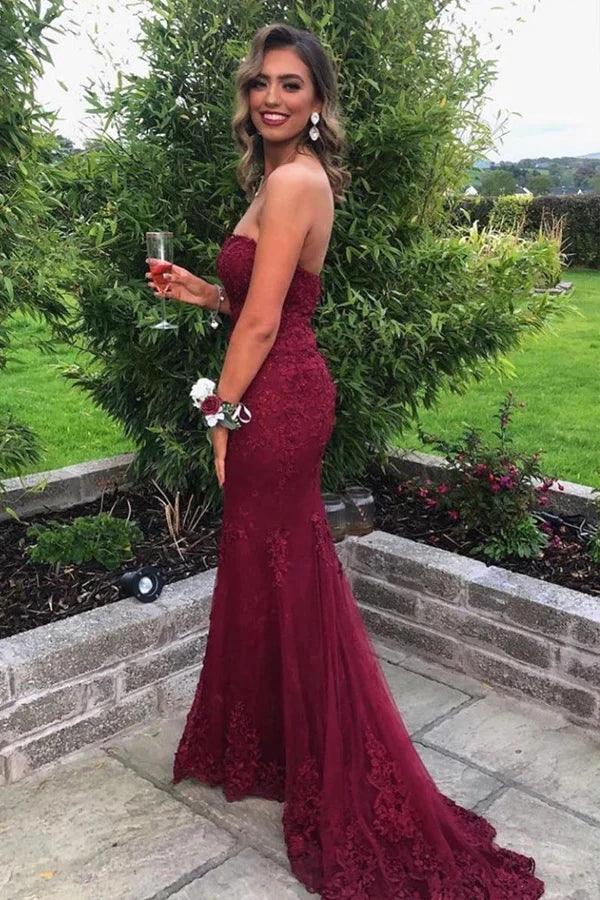 Sweetheart Mermaid Burgundy Lace Prom Dress Strapless Evening Dress PSK427 - Image 3