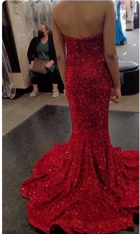 Sweetheart Mermaid Prom Dress Red Sequins Evening Dress Shiny Party Dress Y274 - Image 2