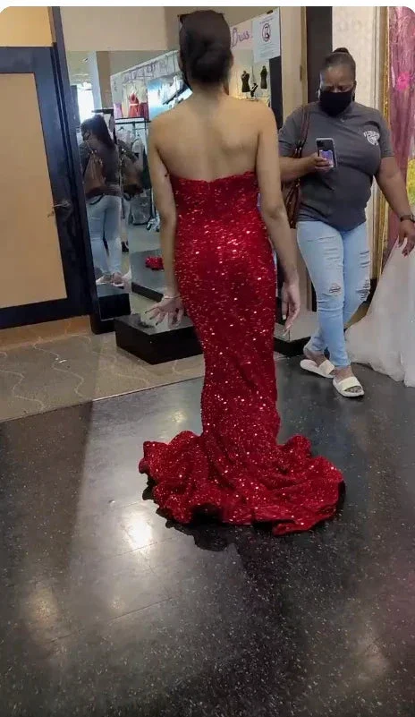Sweetheart Mermaid Prom Dress Red Sequins Evening Dress Shiny Party Dress Y274 - Image 3
