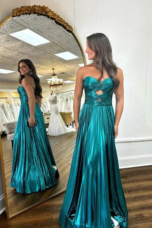 Sweetheart Metallic Pleated Emerald Green Long Prom Dress PSK591 - Image 2
