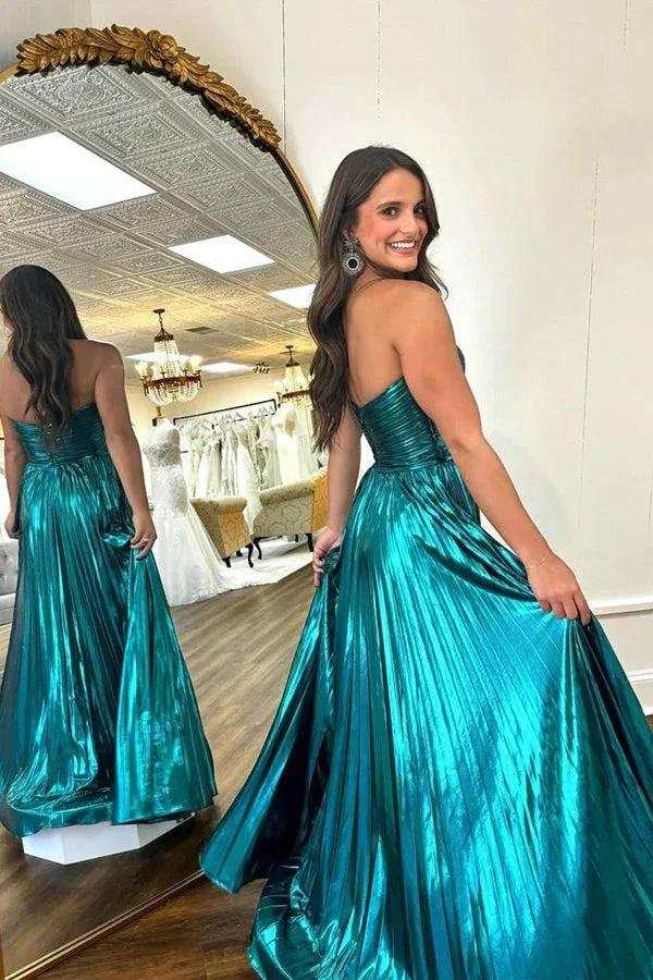 Sweetheart Metallic Pleated Emerald Green Long Prom Dress PSK591 - Image 3