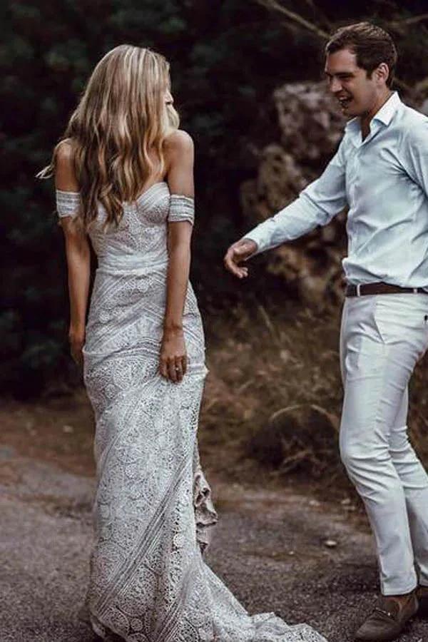 Sweetheart Neck Lace Beach Ivory Rustic Boho Wedding Dresses MW267 - Image 2