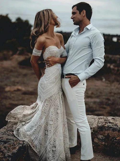 Sweetheart Neck Lace Beach Ivory Rustic Boho Wedding Dresses MW267 - Image 3
