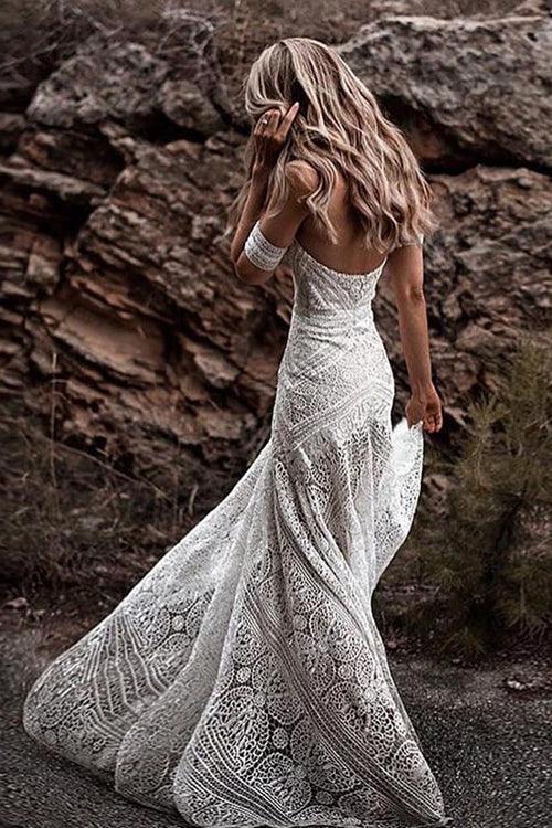 Sweetheart Neck Lace Beach Ivory Rustic Boho Wedding Dresses MW267 - Image 4