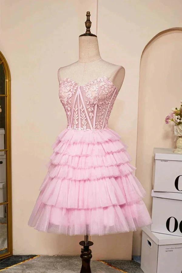 Sweetheart Neck Layered Strapless Pink Homecoming Dress PD514 - Image 2