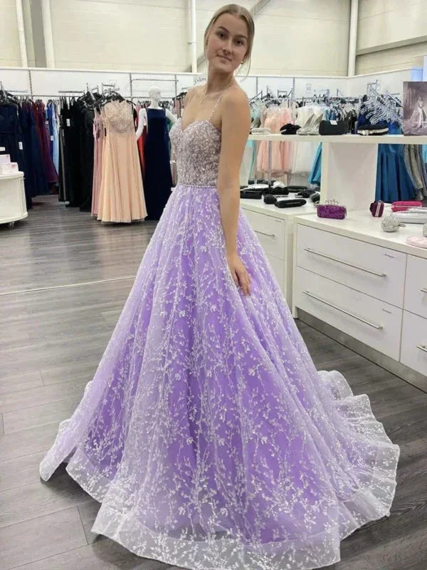 Sweetheart Neck Open Back Purple Lace Long Prom Dresses, Purple Lace Formal Dresses, Purple Evening Dresses Y1730 - Image 2