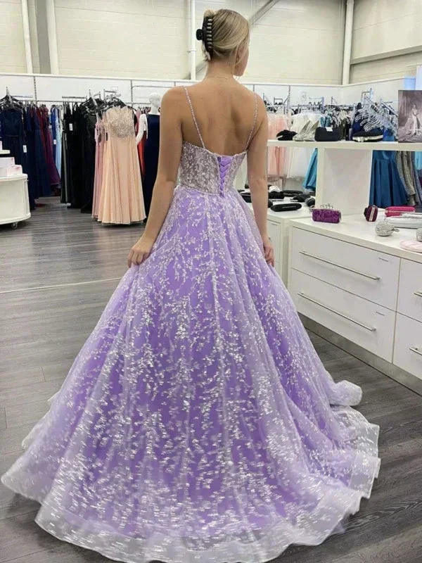 Sweetheart Neck Open Back Purple Lace Long Prom Dresses, Purple Lace Formal Dresses, Purple Evening Dresses Y1730 - Image 3