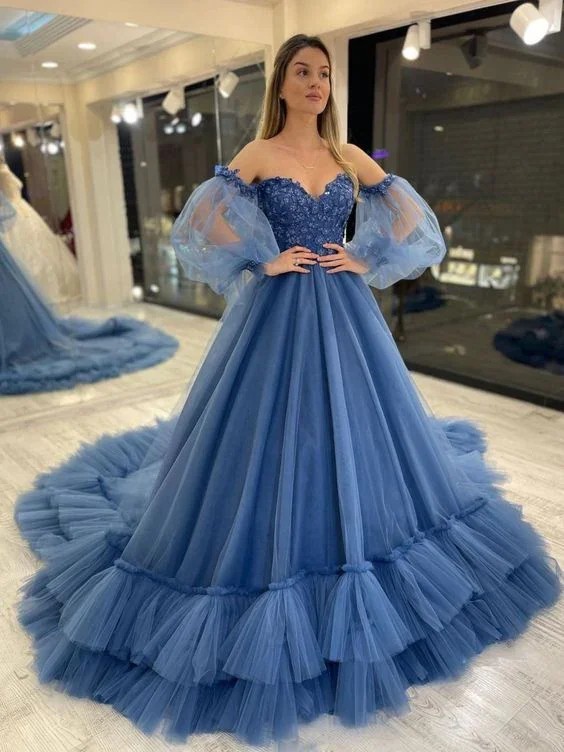Sweetheart Neck Tulle Blue Prom Dress Puff Sleeves Long Blue Formal Evening Dress Y6172 - Image 2