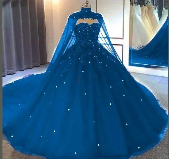 Sweetheart Neckline Tulle Lace Ball Gown With Cape Princess Dress Y673 - Image 2
