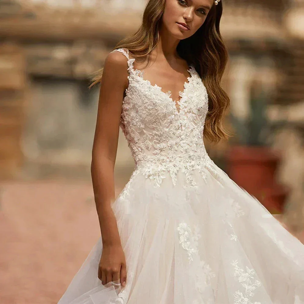 Sweetheart Off Shoulder Sleeveless Beach Deep V-neck Fluffy Wedding Dresses Sexy Lace Backless Applique Elegant Bride Gown 2023 - Image 2