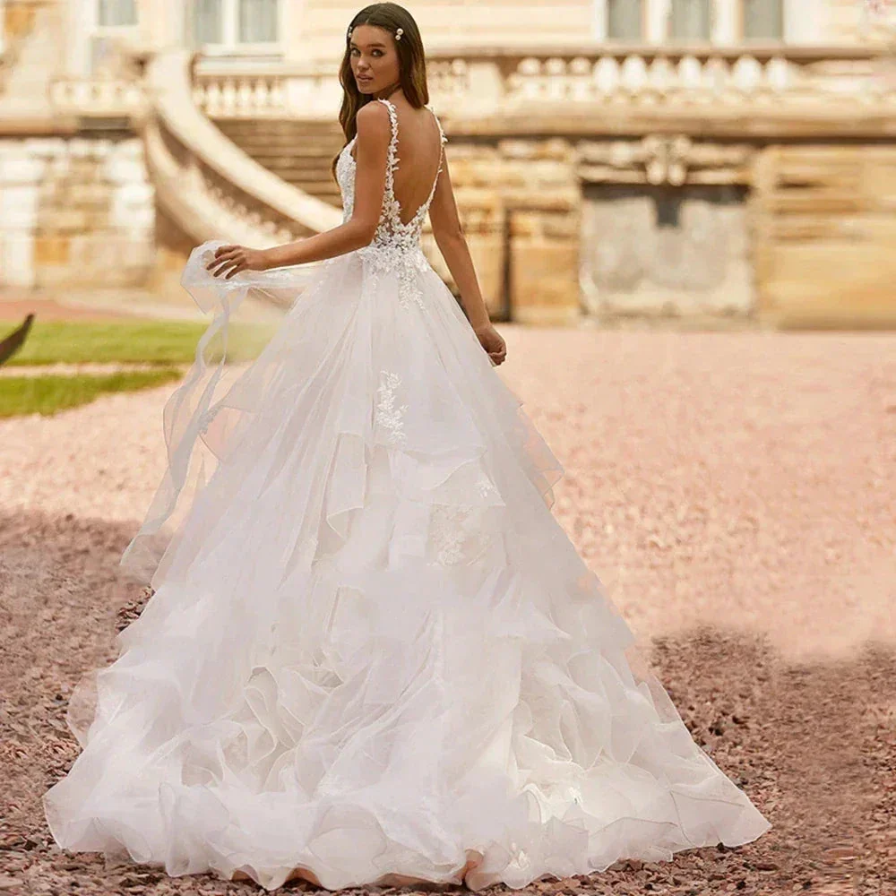 Sweetheart Off Shoulder Sleeveless Beach Deep V-neck Fluffy Wedding Dresses Sexy Lace Backless Applique Elegant Bride Gown 2023 - Image 3