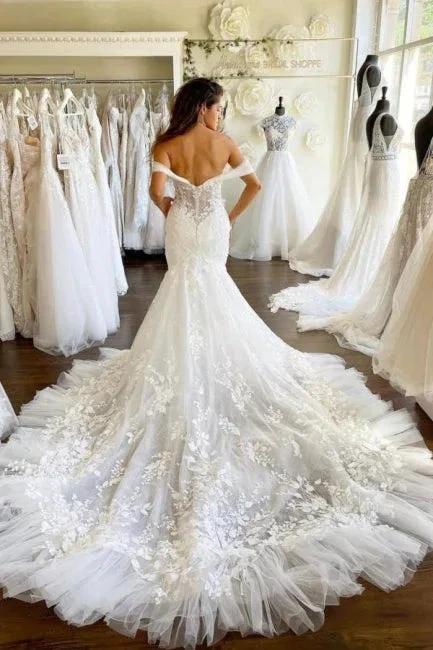Sweetheart Off-the-Shoulder Mermaid Bridal Gown Tulle Lace Appliques Wedding Dress - Image 2