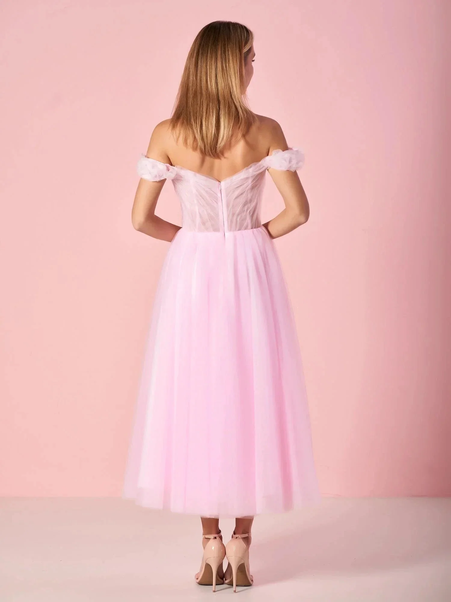 Sweetheart Neck Off the Shoulder Tea Length Tulle Prom Dress - Image 2
