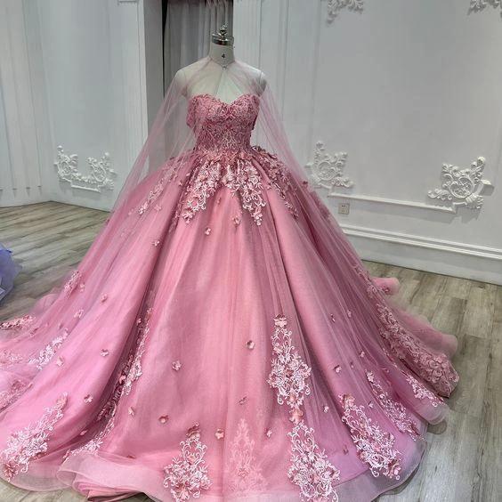 Sweetheart Pink Tulle Lace Ball Gown With Tulle Cape Sweet 16 Dress  Y709 - Image 2