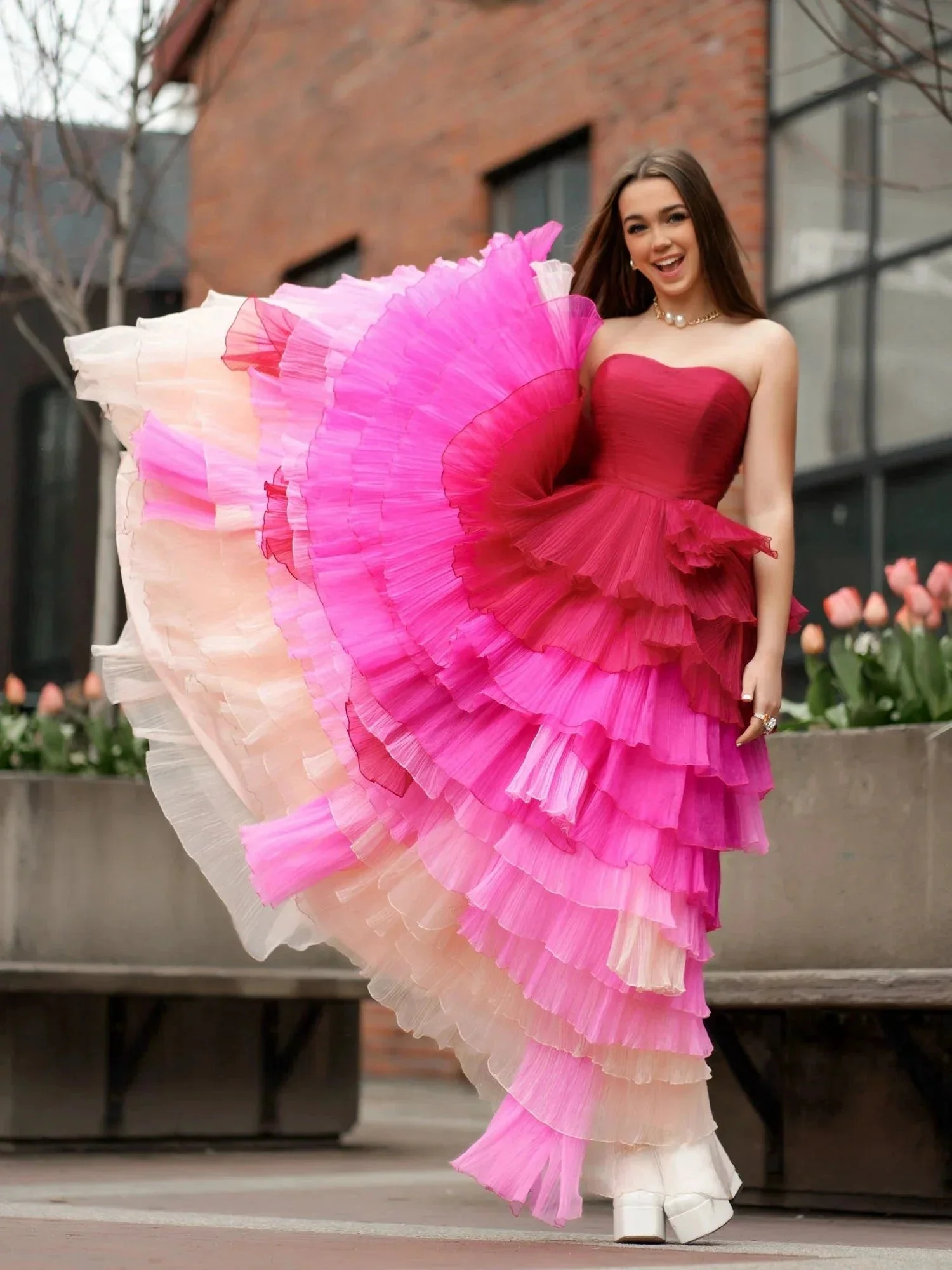 Xiomara | Sweetheart Pleated Bodice Long Prom Dress with Ruffles - Image 3