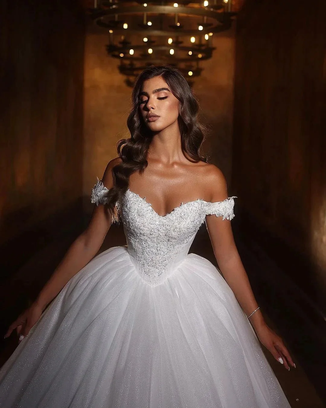 Sweetheart Princess Long White Off-the-shoulder A-line Glitter Wedding Dress With Lace - Image 2