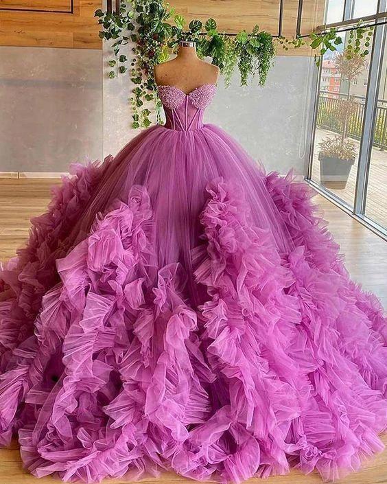 Sweetheart Purple Beading Bodice Tulle Ruffle Pleated Ball Gown Y86 - Image 2