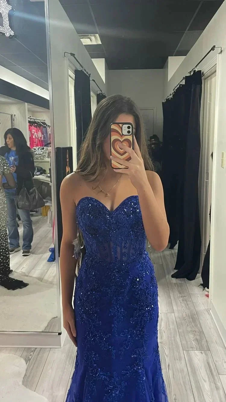 Sweetheart Royal Blue Tulle Lace Formal Gown,Royal Blue Mermaid Sleeveless Evening Dress Y1203 - Image 2
