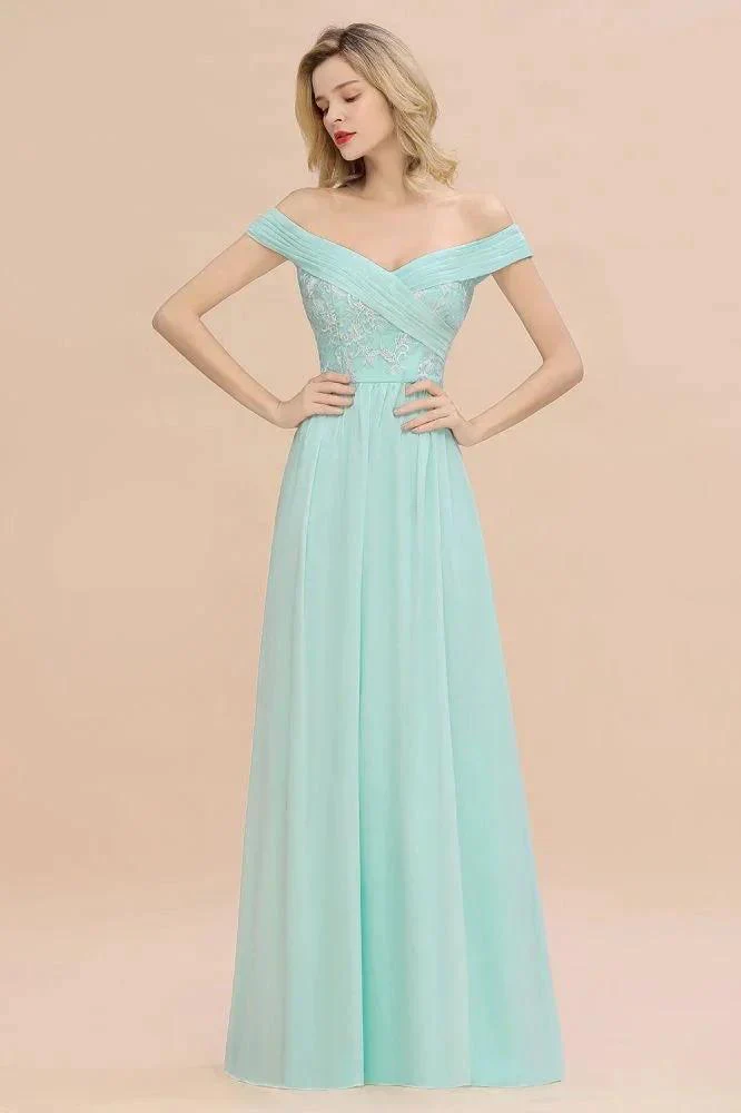 Sweetheart Ruffles Simple Prom Dresses Off the Shoulder aline Bridesmaid Dress - Image 3