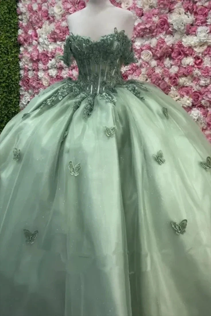 Sweetheart Sage Green Quinceanera Dresses Butterfly Applique Ball Gown Tulle Sweet 16 Dress A-line Lace Up Luxury Prom Dress Y4341 - Image 2