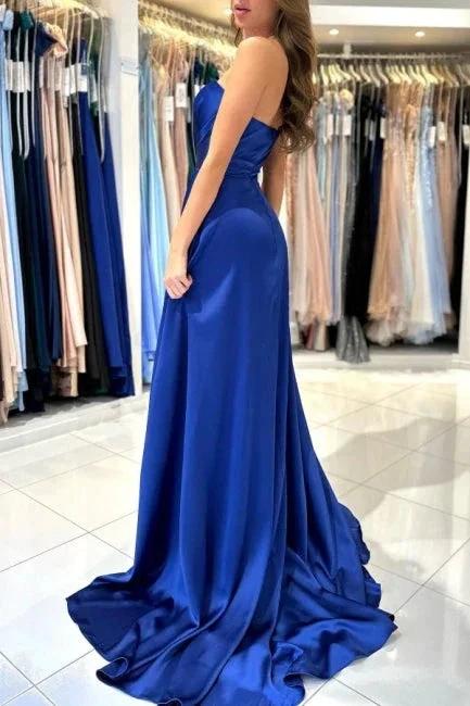 Sweetheart Simple Long Royal Blue Sleeveless Prom Dresses With Slit - Image 2