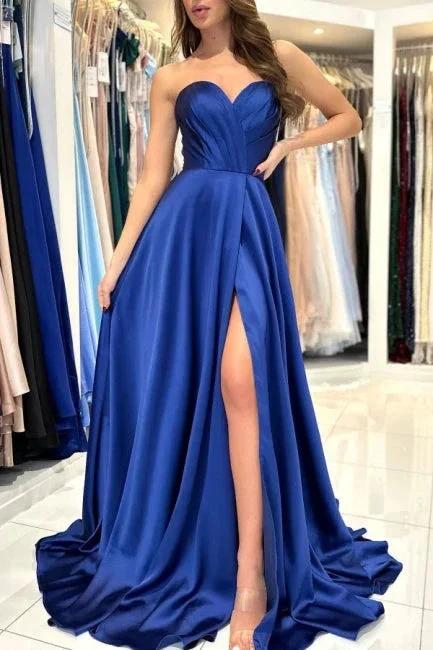 Sweetheart Simple Long Royal Blue Sleeveless Prom Dresses With Slit - Image 4