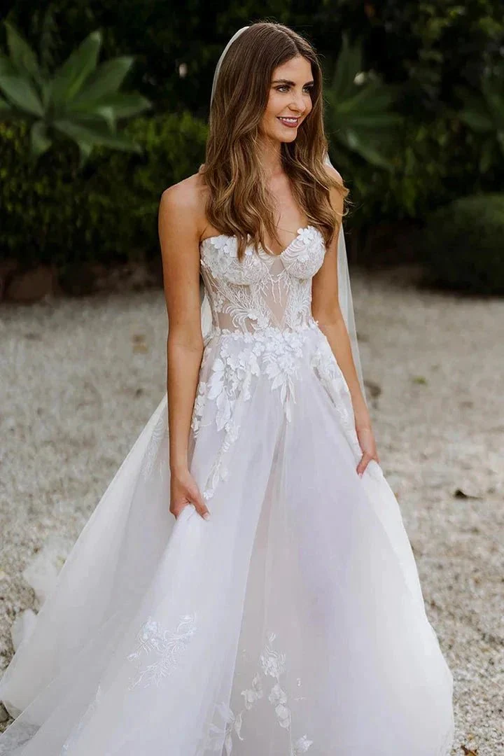 Sweetheart Sleeveless Appliques Lace Boho Wedding Dress Bridal Gown WD660 - Image 2
