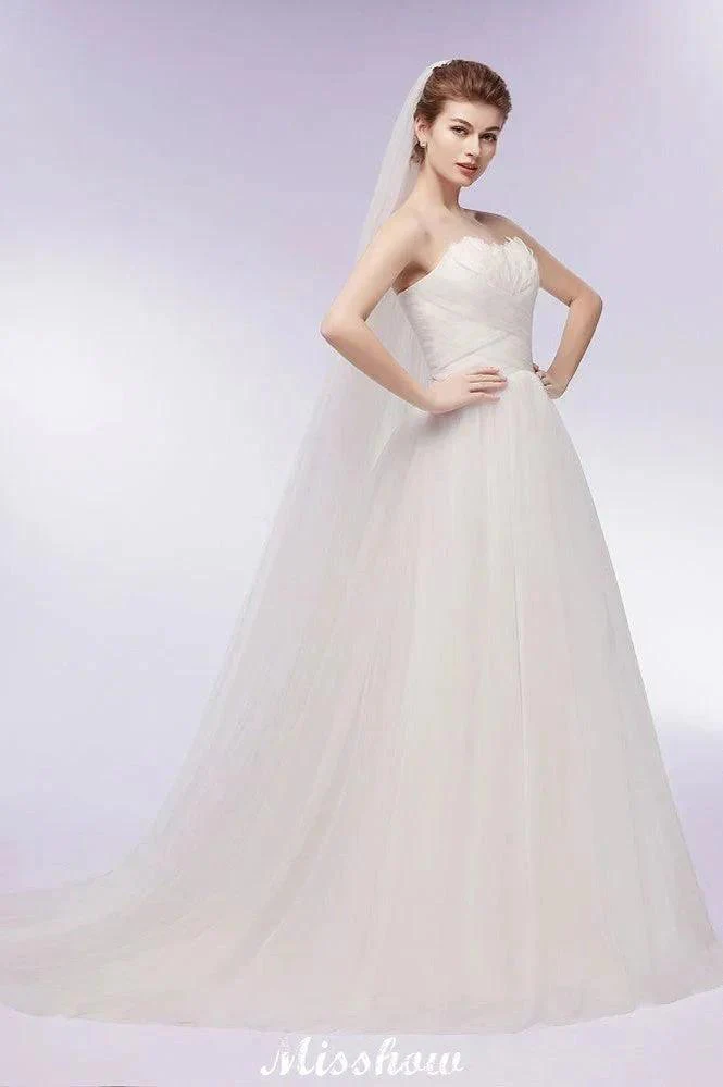 Sweetheart Strapless A-line Feathers Tulle Wedding Dresses - Image 3