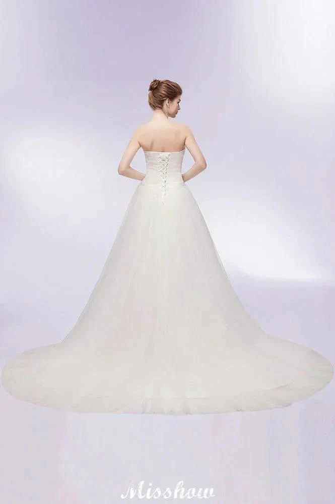 Sweetheart Strapless A-line Feathers Tulle Wedding Dresses - Image 5