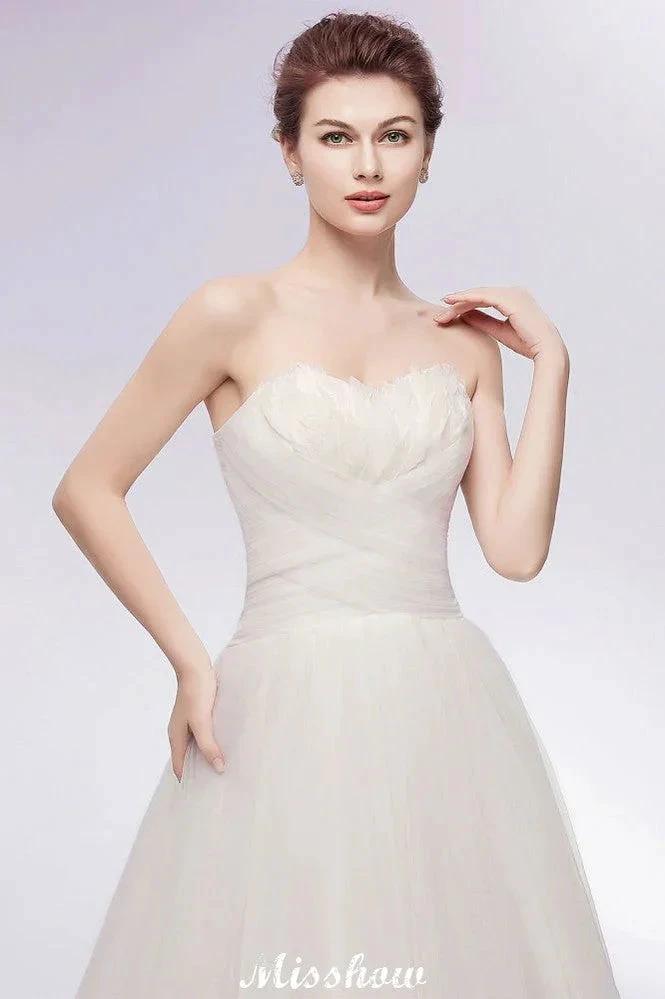 Sweetheart Strapless A-line Feathers Tulle Wedding Dresses - Image 6