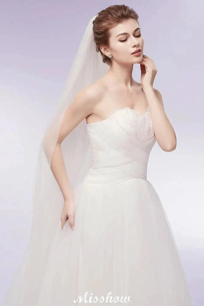 Sweetheart Strapless A-line Feathers Tulle Wedding Dresses - Image 7