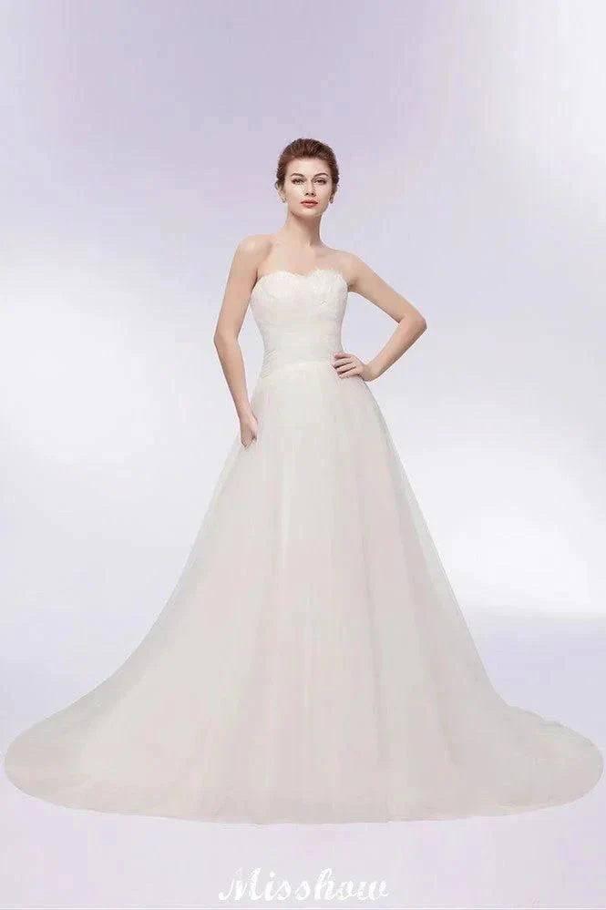 Sweetheart Strapless A-line Feathers Tulle Wedding Dresses - Image 9