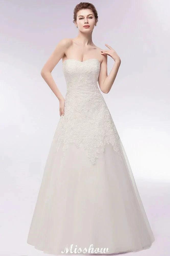 Sweetheart Strapless A-line Long Lace Tulle Wedding Dresses - Image 6