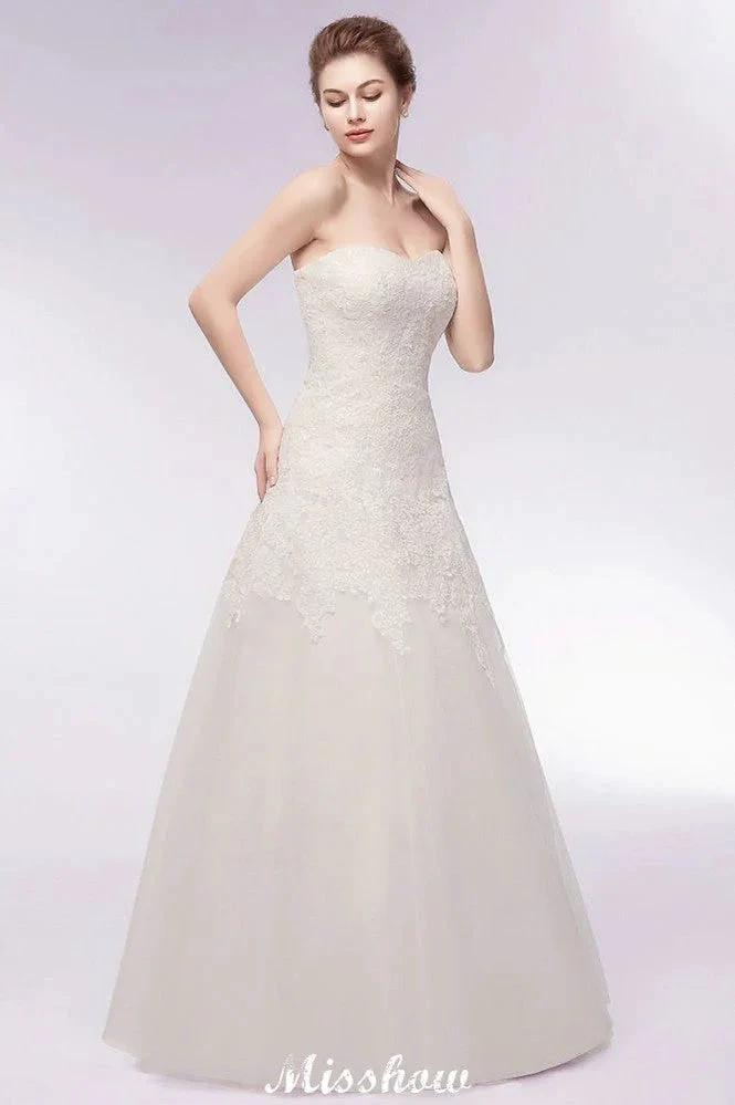 Sweetheart Strapless A-line Long Lace Tulle Wedding Dresses - Image 8